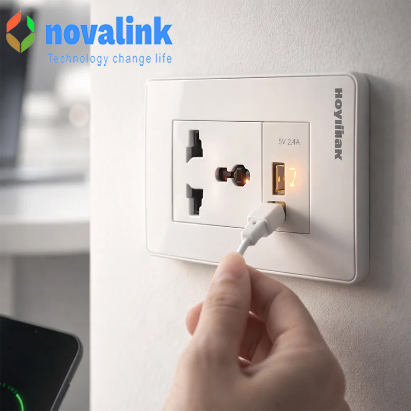 Bộ ổ cắm điện đơn 3 chấu + USB 5v-2A âm tường novalink NV-21003WS+P21-C2A